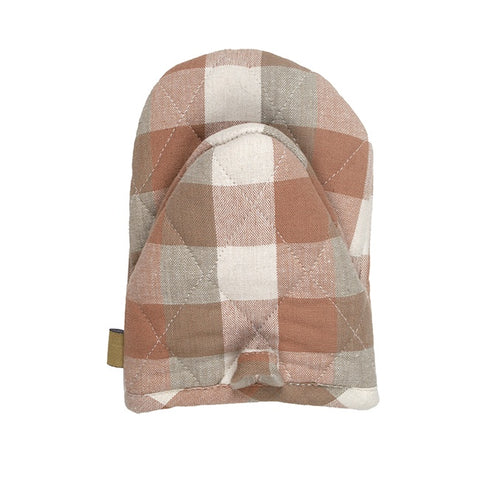Raine & Humble Double Check Half Oven Glove in Salmon Pink hanging on peg rail
