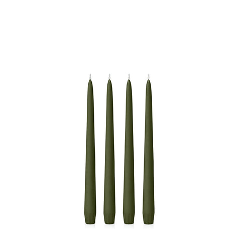 Four 35cm olive green candles on a white background