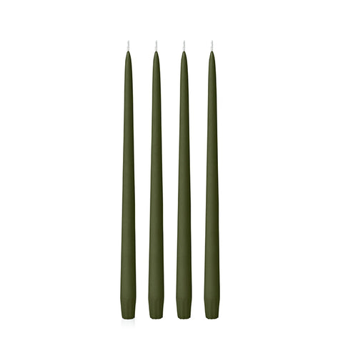 Four 25cm olive green candles on a white background