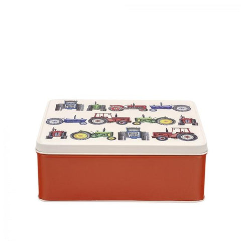 Biscuit Tin with red base and Tractor Design on the lid