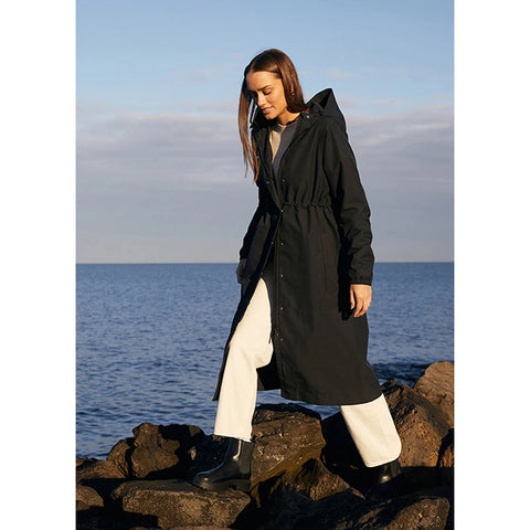 Person wearing a black raincoat on a white background