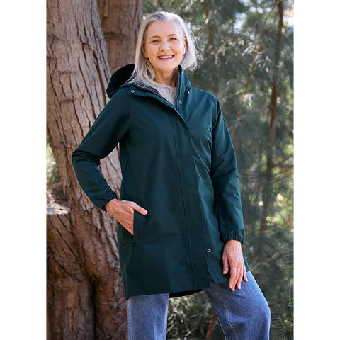 Person wearing a green raincoat on a white background