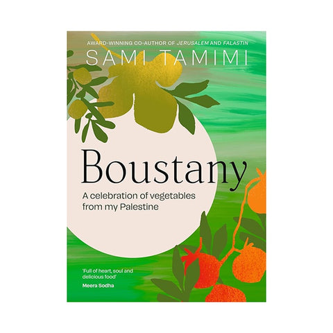 Book cover of 'Boustany' by Sami Tamimi with vegetable illustrations on a green background