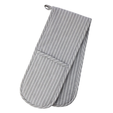 Oven mitt hanging on a wooden rack with herbs against a green panelled wall Butcher Stripe Oven Glove Grey &amp; White Stripe by Davis &amp; Waddell.