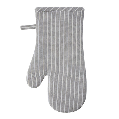 Grey and white striped oven mitt on a white background Butcher by Davis & Waddell