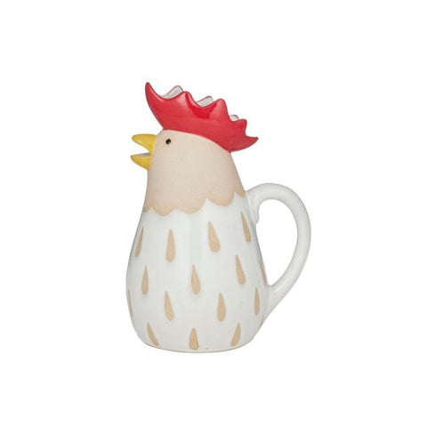 Charlie Chook Ceramic chicken-shaped pitcher with a red crest yellow beak on a white background  by Coast to Coast
