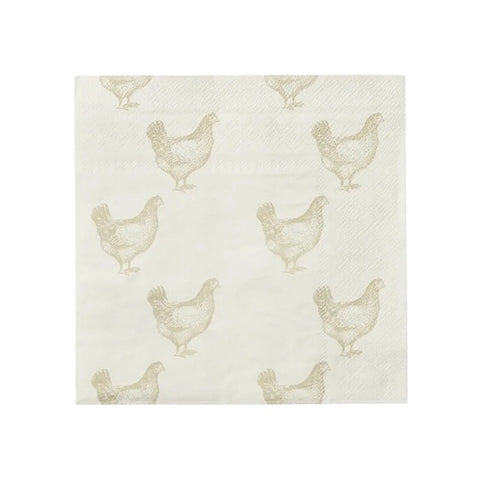 Patterned paper napkin with chicken illustrations on a white background