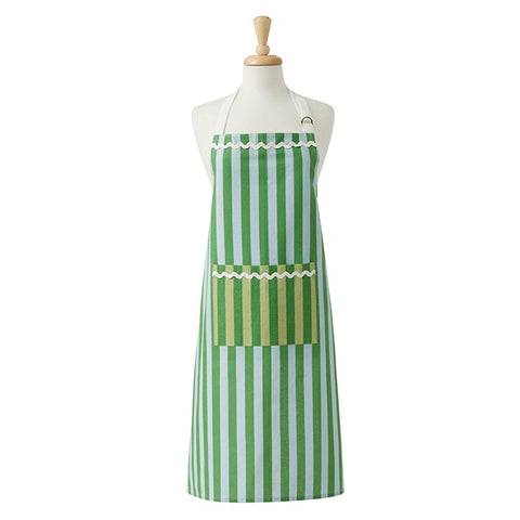 Green and white striped apron on a mannequin against a white background