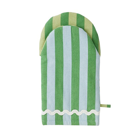 Green and white striped oven mitt on a white background