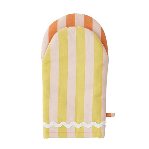 Striped oven mitt with orange, yellow, and pink colors on a white background