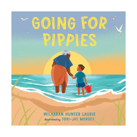 Book cover of 'Going for Pippies' with a beach scene and two figures walking towards the ocean.