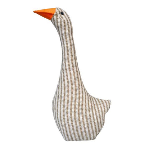 Striped goose-shaped door stop with an orange beak on a white background