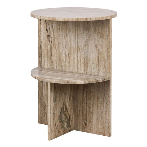 Binx Marble Side Table by Grand Designs in a designer lounge room with sculpture and painting