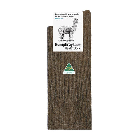 Brown sock with Humphrey Law Australian Made Socks packaging on a white background