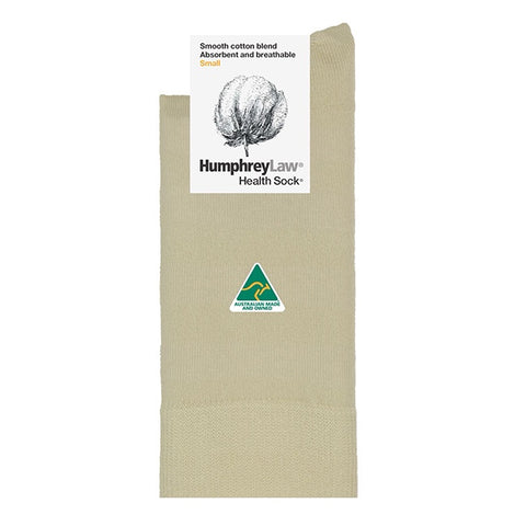 Beige health sock with Humphrey Law label on a white background