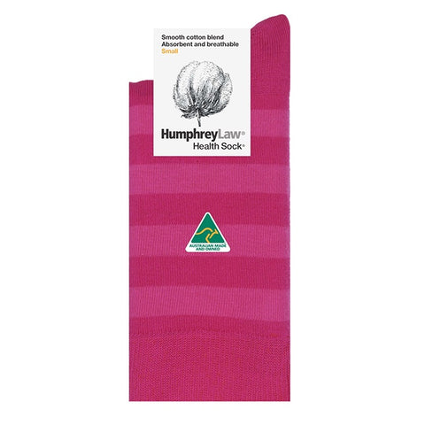 Pink striped health sock with Humphrey Law branding on a white background