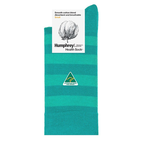 Humphrey Law Teal sock with a label on a white background