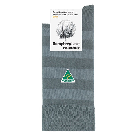 Gray striped sock with Humphrey Law label on a white background