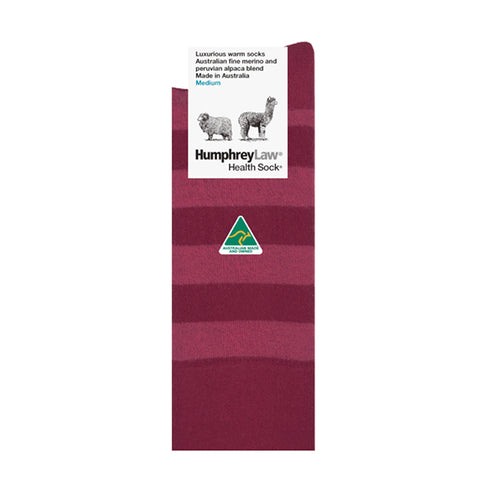 Berry striped Australian Made sock with Humphrey Law label on a white background