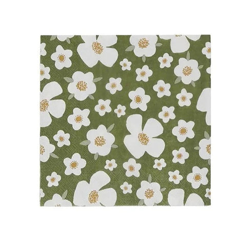 Floral patterned napkin with white flowers on a green background