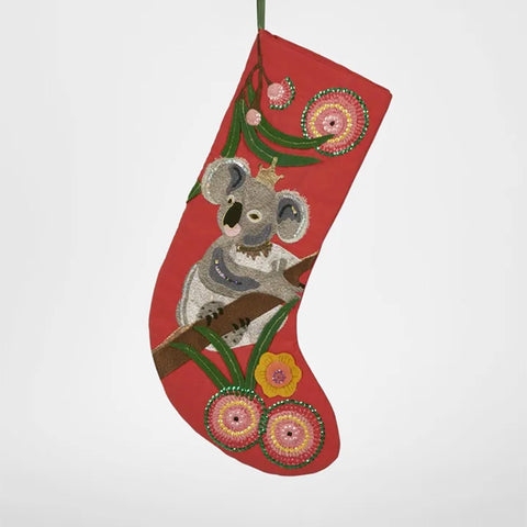 Koala Hand Embroidered Stocking - Red