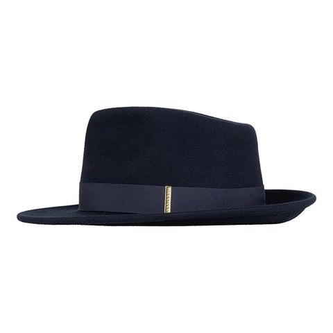 Navy blue fedora hat with a matching band on a white background