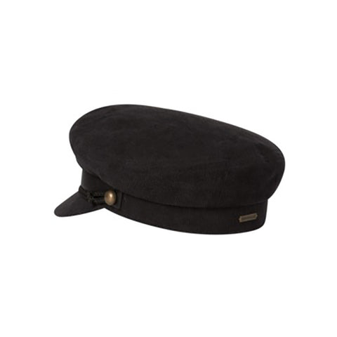 Black cap with a braided band and button on a white background