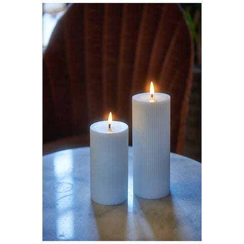 Two white candles with flames on a marble surface.