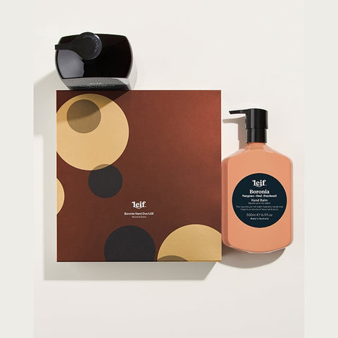Leif Boronia hand balm bottle and packaging on a white background