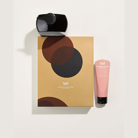 Leif hand cream packaging with a pink tube and brown box on a white background