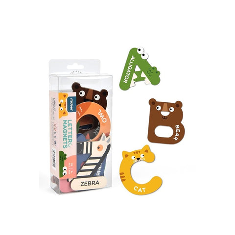 Set of animal-shaped letter magnets with packaging on a white background