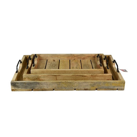 three Wooden tray stacked inside each other with metal handles on a white background
