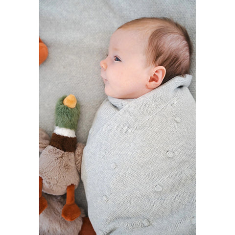 Plush toy duck with green head and brown body on a white background