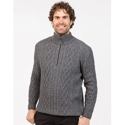 Native World Heritage Arran Half Zip Sweater- Silver