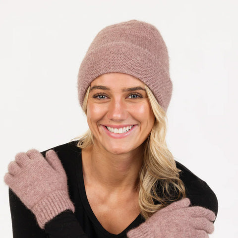 man wearing a Native World Merino Plain Beanie & scarf in flax