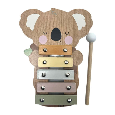 Wooden koala xylophone toy with a mallet on a white background