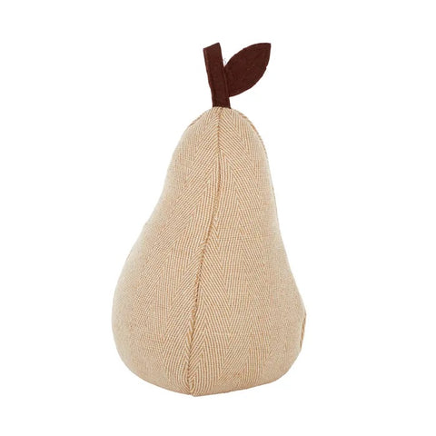Beige pear-shaped door stop with a brown leaf on a white background