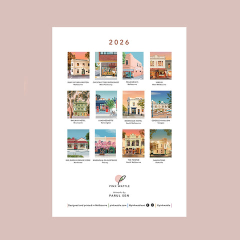 2026 wall calendar front cover featuring iconic Melbourne buildings on a deep pink background