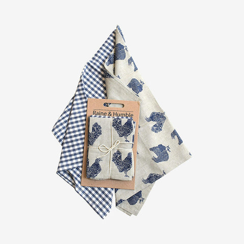 Blue Tea Towel Set of 2 in Gingham & Henrietta Hen by Raine & Humble