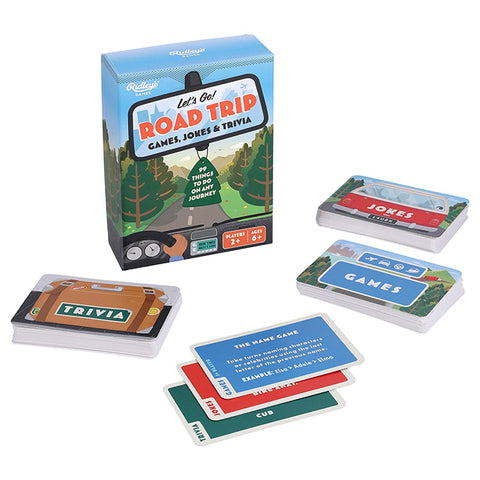 Box of 'Let's Go Road Trip' game with road and trees illustration on a white background