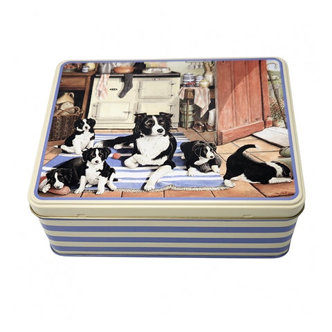 Tin box with a design of dogs on a rug, featuring a striped pattern.