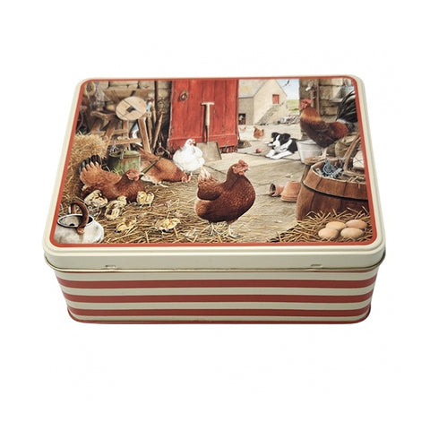Rectangular tin box with farm scene design featuring chickens and a barn.