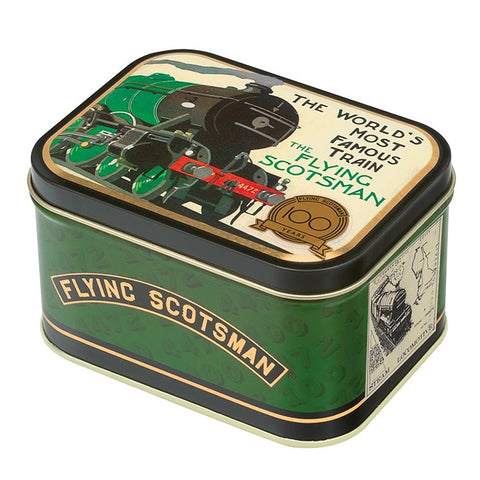 Tin box with 'Flying Scotsman' train design on a white background