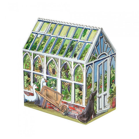 Colorful illustrated tin of a greenhouse with plants and animals on a white background