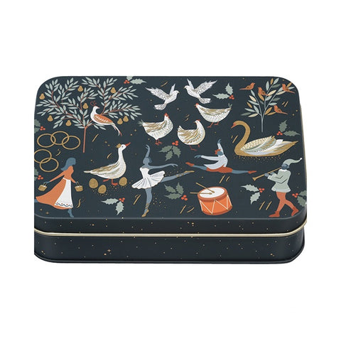 Decorative tin box with artistic illustrations of people and animals on a dark blue background