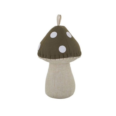 Mushroom-shaped door stop with olive cap and beige stem on a white background by coast to coast