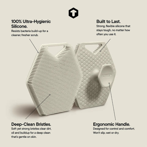 Tooletries Silicone body scrubber 2.0 with packaging on a white background