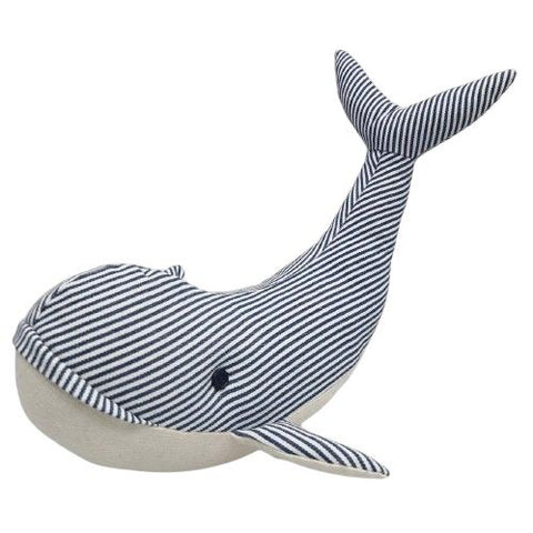Blue and white stripe whale door stop on a white background 
