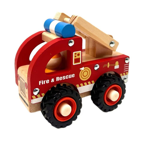Wooden toy fire truck with red body and black wheels on a white background