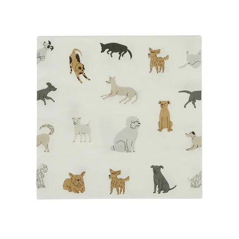 Woofers Paper Napkins with illustrations of various dogs on a white background
